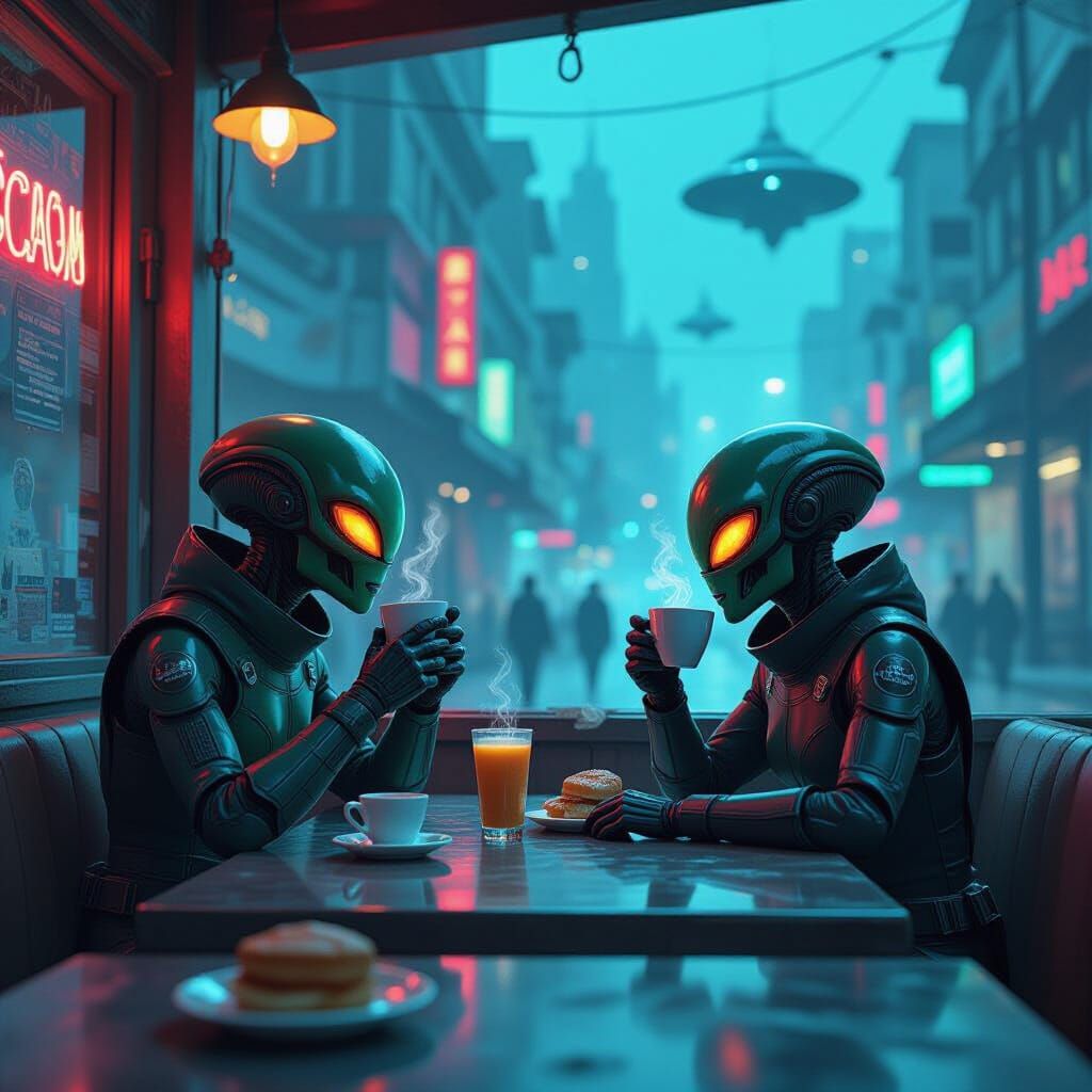 Dystopian Alien Cafe Scene in Comic Book Style