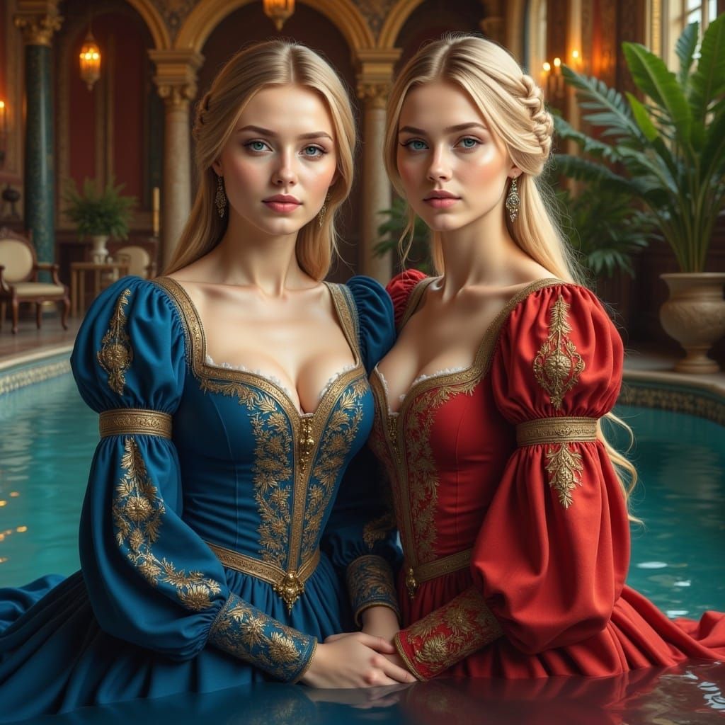 Medieval Women in Luxurious Pool, Hyperrealistic Splash Art
