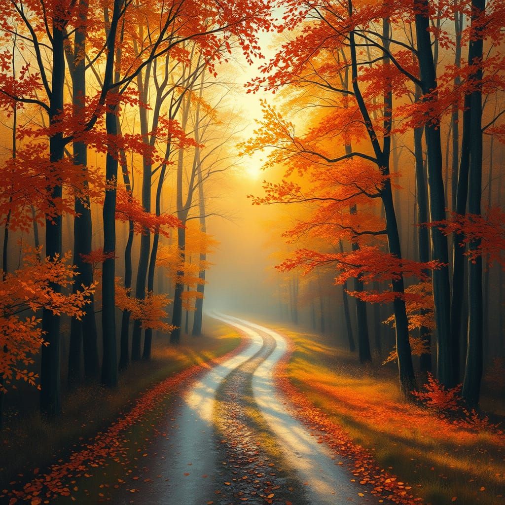 Autumn Forest Pathway in Impressionist Style