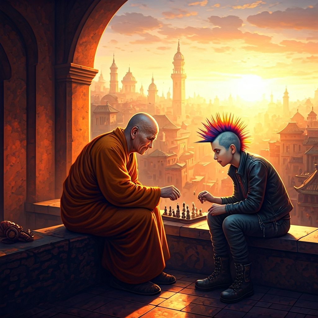 Monk and Punk Play Chess at Sunset