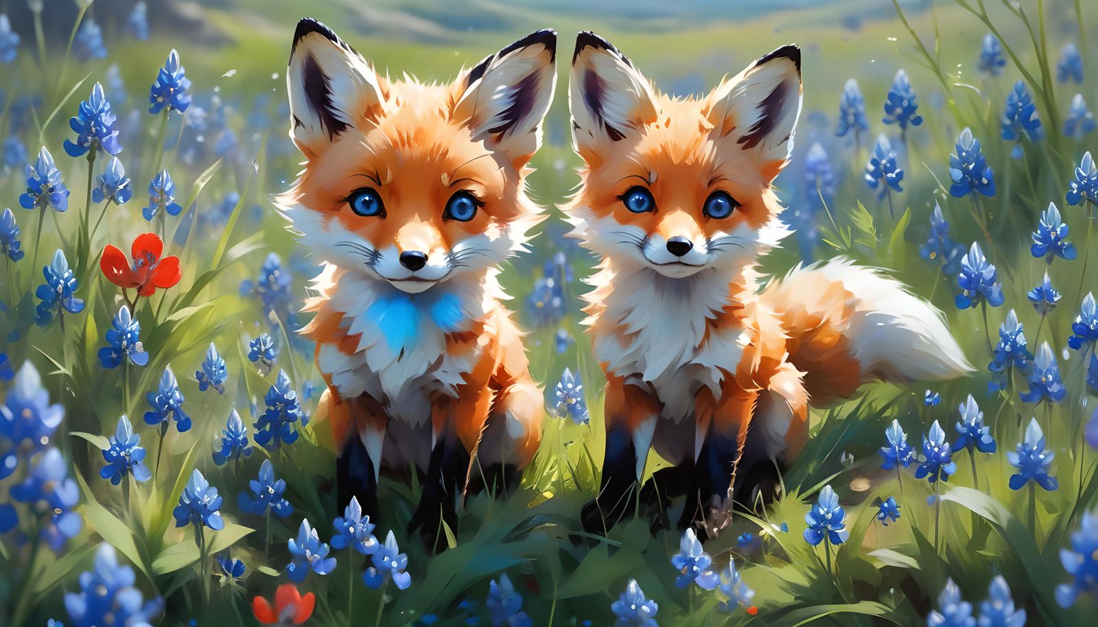 Chibi Red Fox in Bluebonnet Field