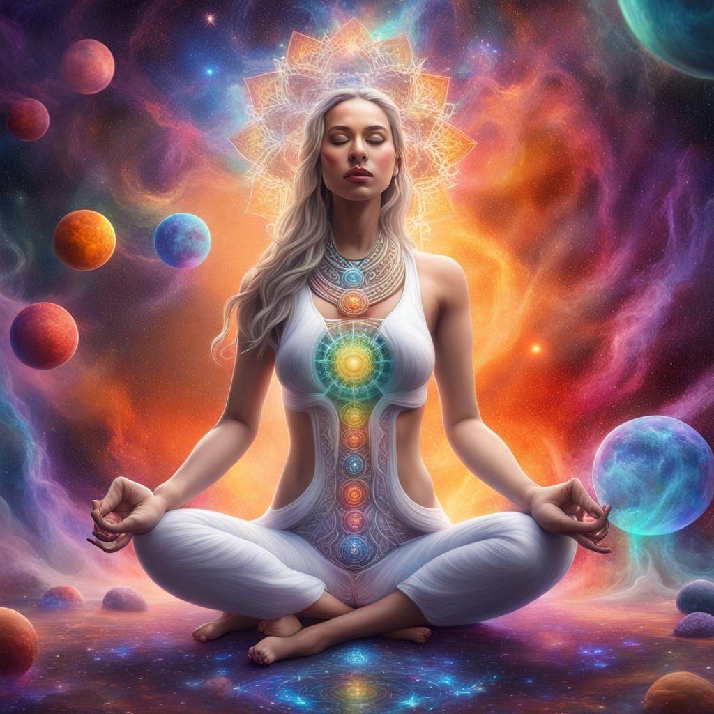 Goddess Meditation in Galaxy, Graffiti Art Style