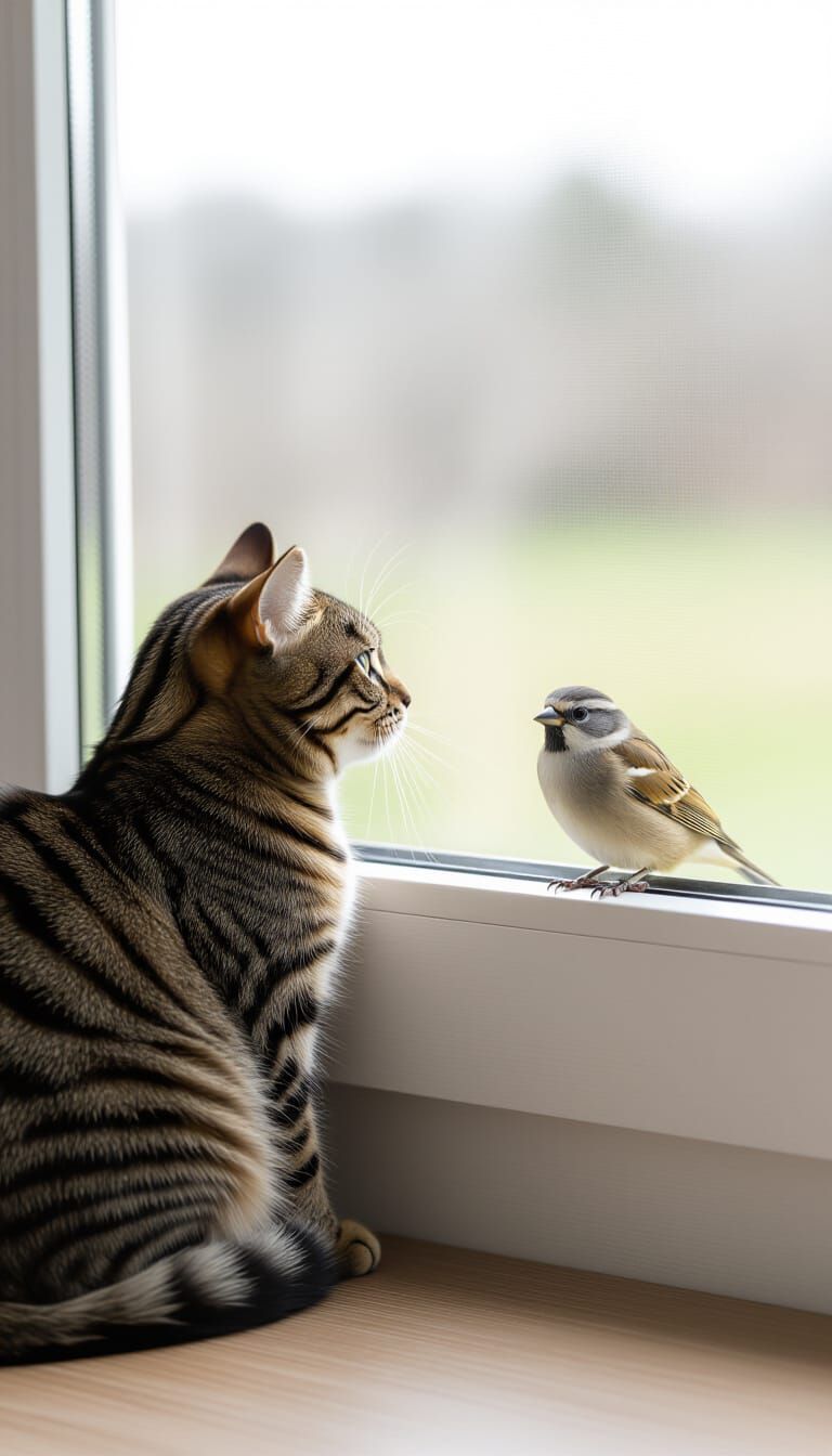 Cat Watches Bird Through Window