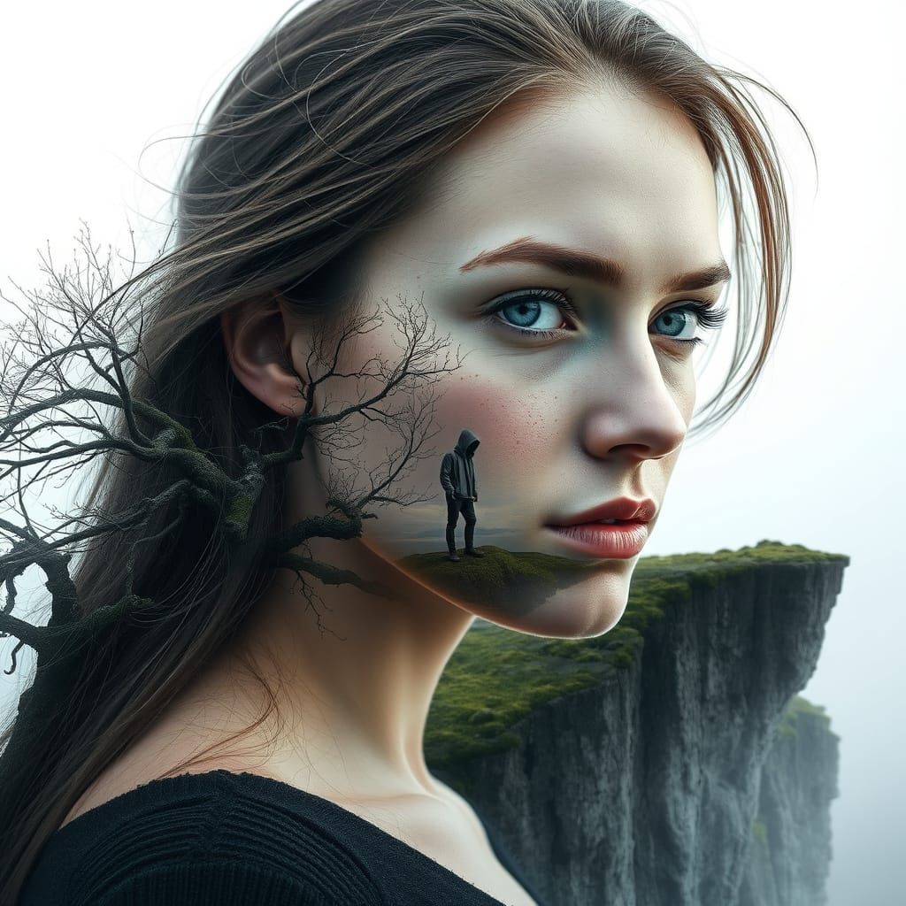 Surreal Double Exposure: Woman and Winter Tree