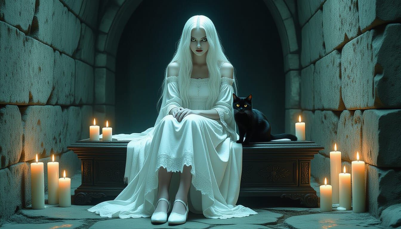 Ghostly Woman and Black Cat in Gothic Crypt