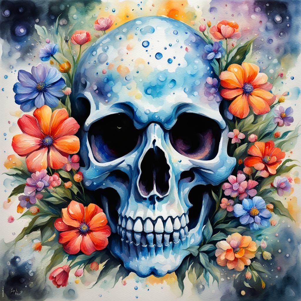 Dew-Kissed Skull Surrounded by Flowers in Gouache Style