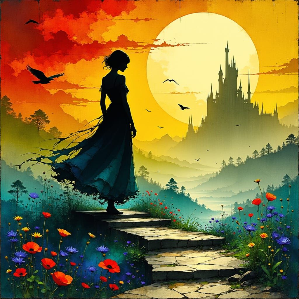 Dreamlike Landscape with Silhouetted Figure in Digital Paint...