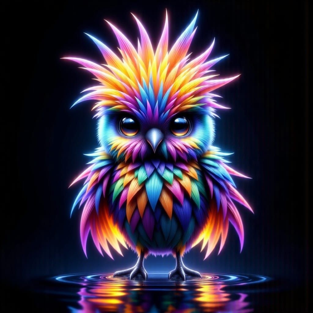 Vibrant Fluffy Bird with Ethereal Eyes on Water