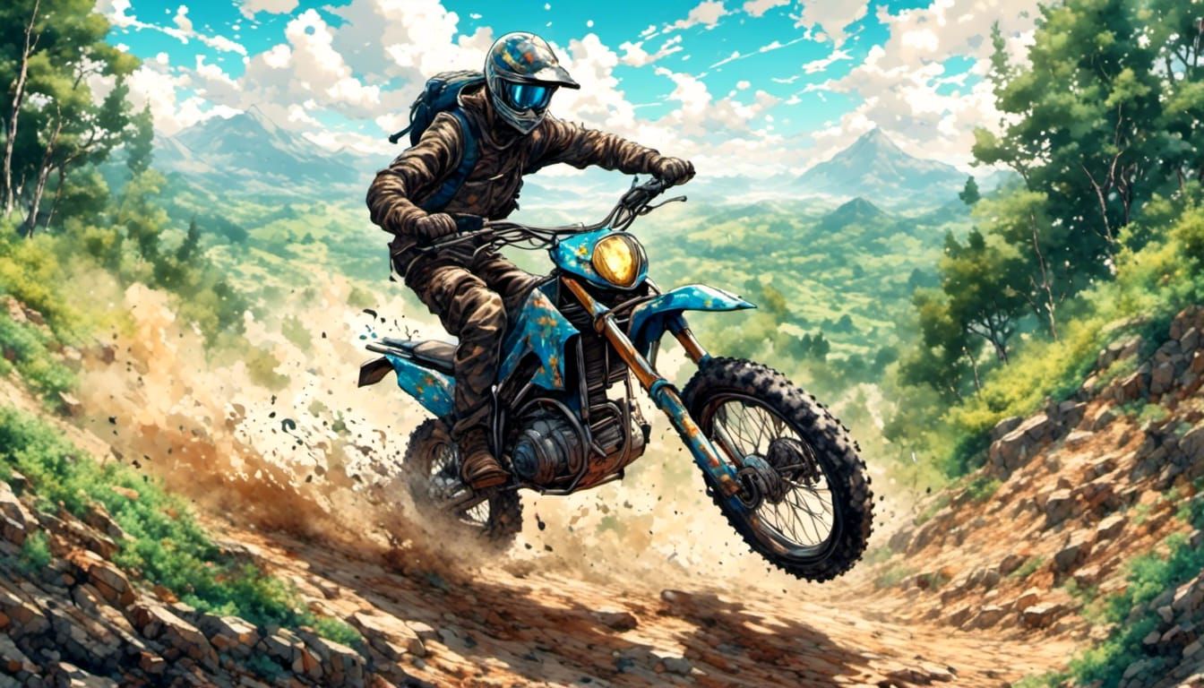a young male teenager trail riding on an electric off road bike, dirt flying during a skid while maneuvering  a curve on...