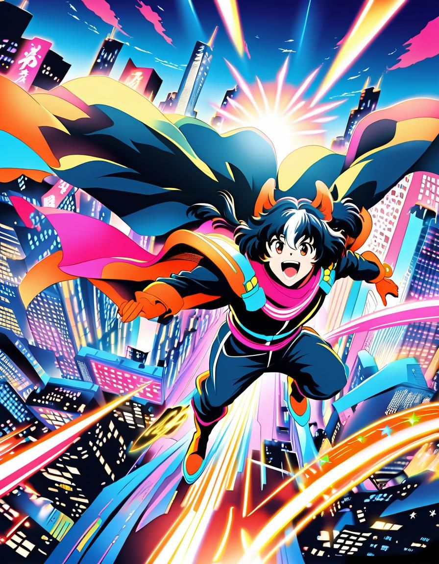 Anime Bernese Mountain Dog Hero Soars in Retro Cityscape