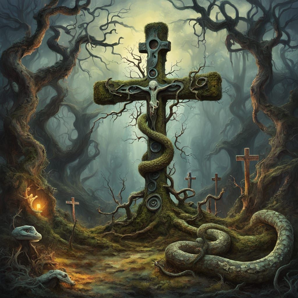 Surreal Forest Cross with Coiled Snake