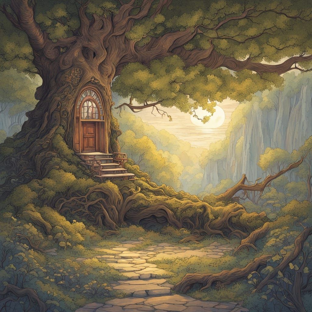 Cozy Tree Nook with Glowing Moss, Fantasy Art