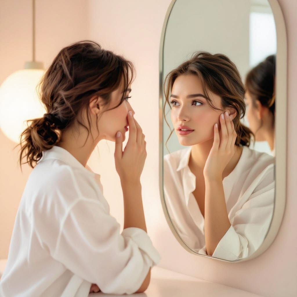 Pensive Woman Gazing at Reflection in Pastel Room