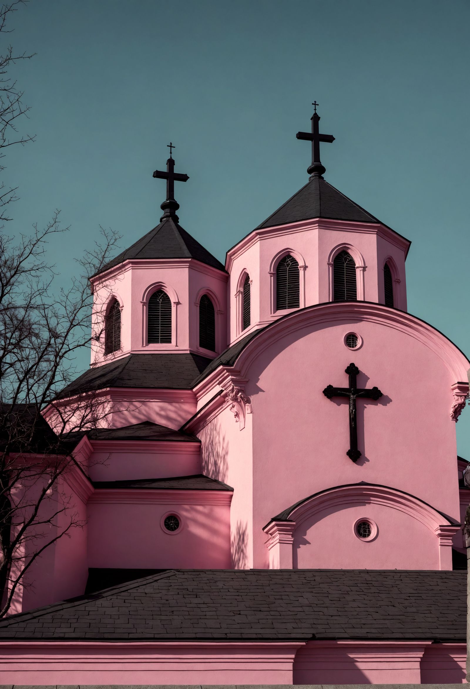 Hyperrealistic Pink Church with Intricate Details in High Co...