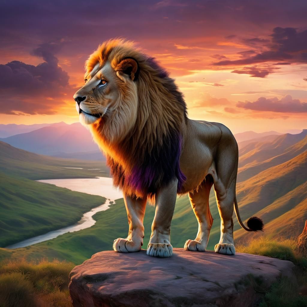 Lion Gazing at Sunset From Cliffside