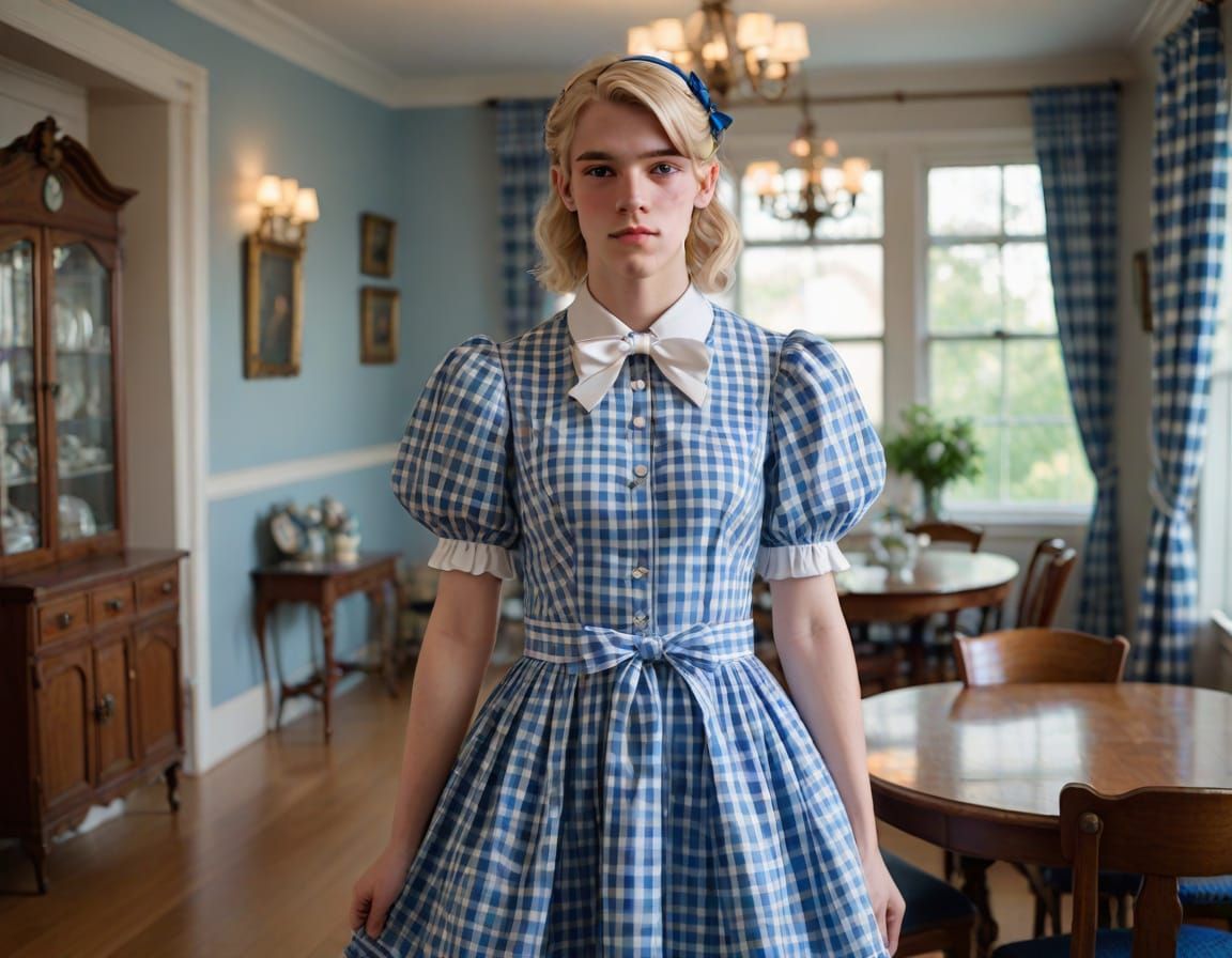 Teenage Boy Crossdressing in Plaid Dress with Bowtie