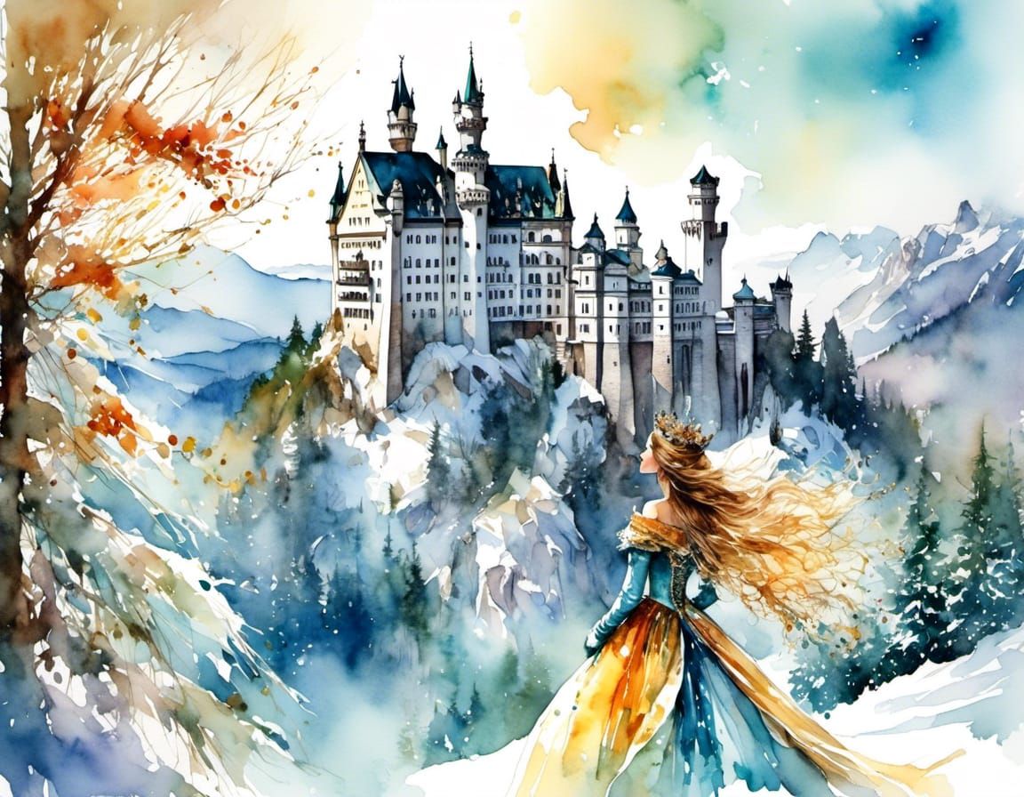 Winter Queen and Castle: Watercolor Illustration