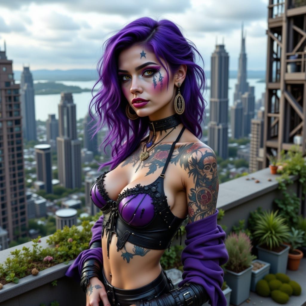 Beautiful Woman with Tattoos in Dystopian Cityscape