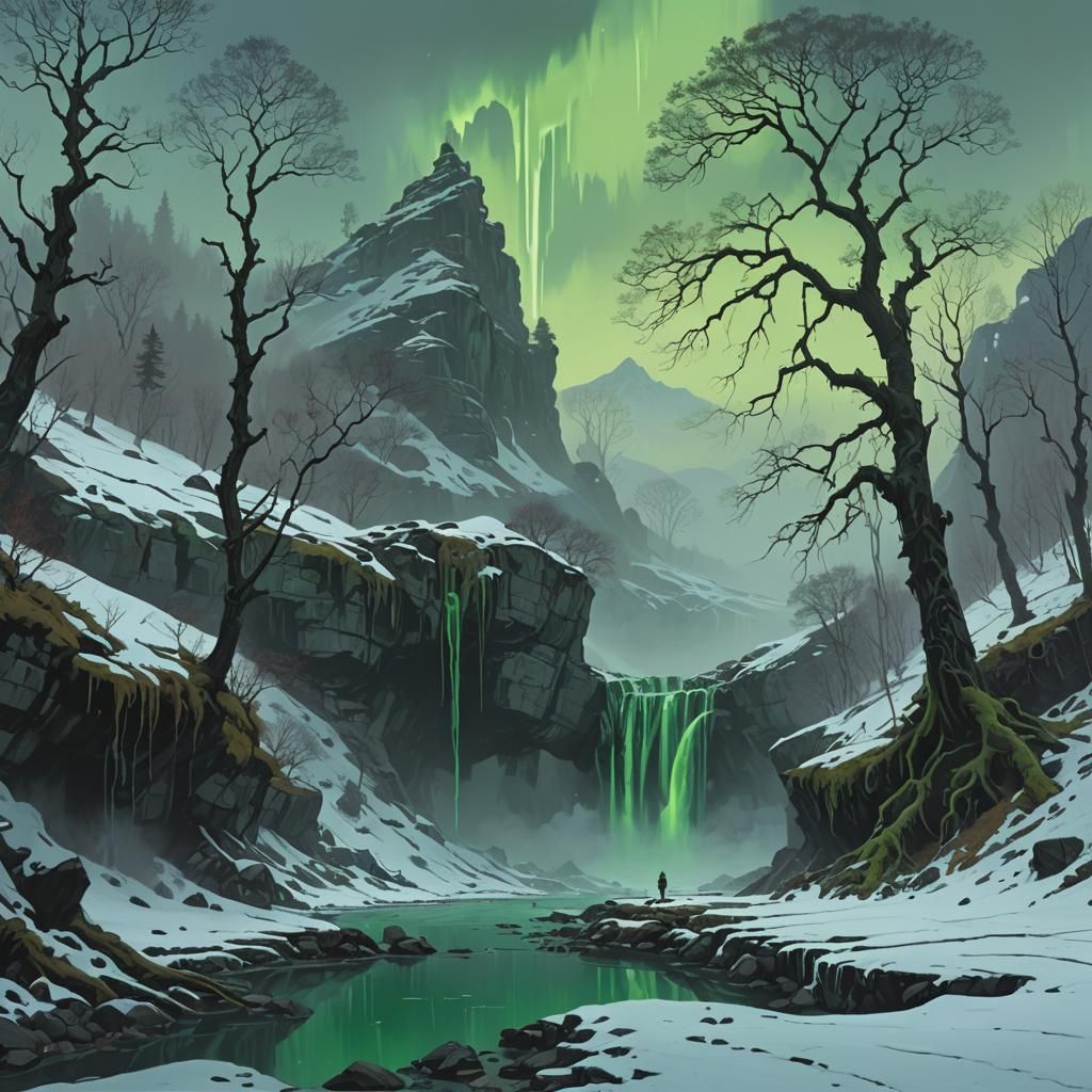 Sorrowful Aurora Over Mystical Valley