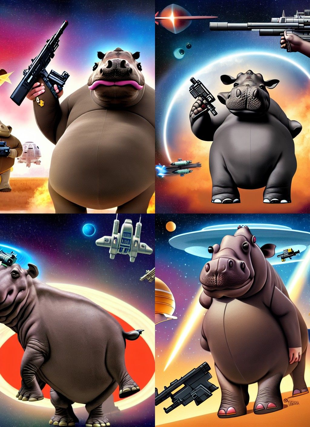 Hippo in Starfleet Uniform with Gun and Spaceship
