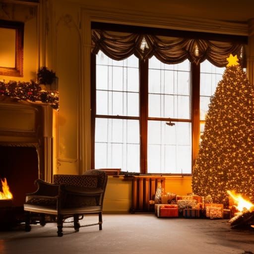 Victorian Christmas Room with Fireplace in Digital Painting