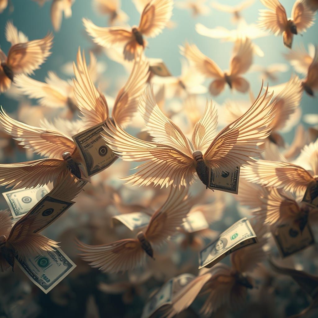 Surreal Fantasy Scene of Banknotes with Wings