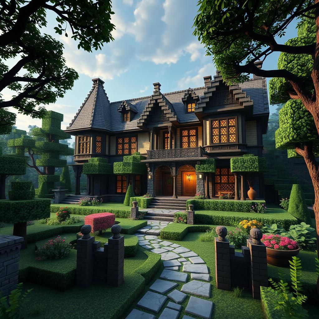 Minecraft Mansion with Garden in 3D Game Style