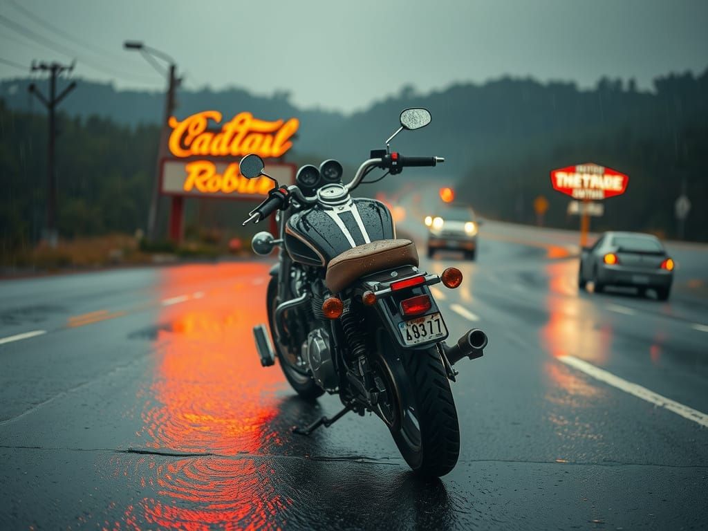 Rainy Ozark Highway, Motorcycle in Foreboding Landscape