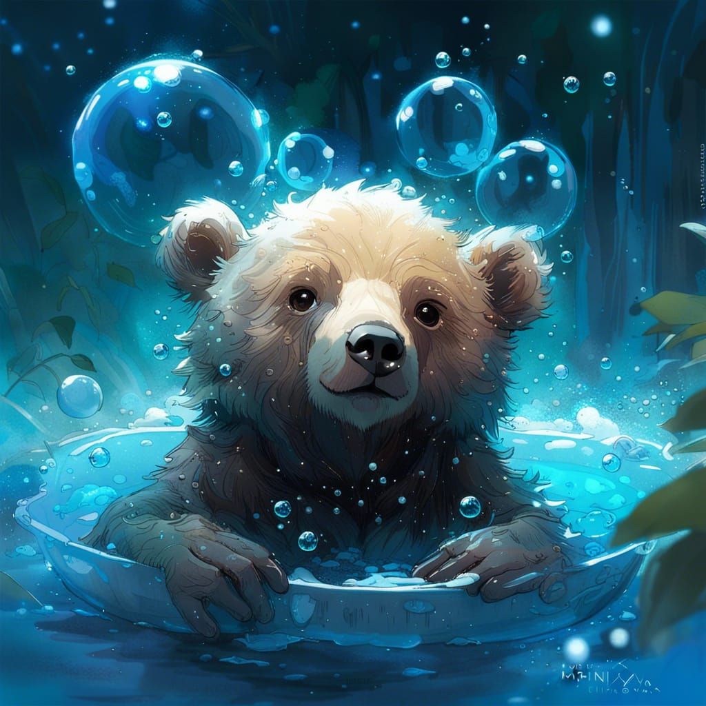 Bear cub in a Bathtub with Bubbles