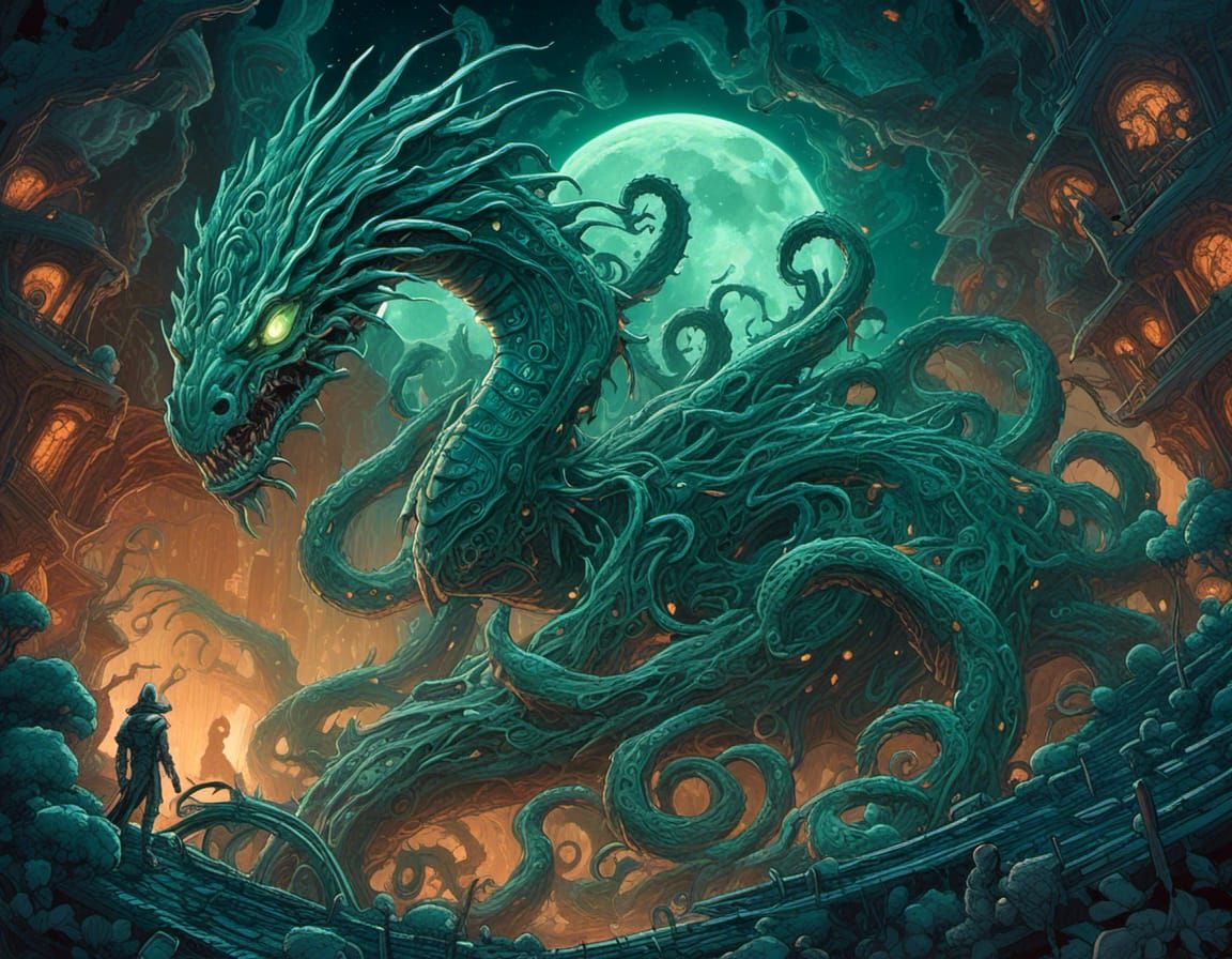 Undead Hydra Looms in Space: Dark Fantasy Art