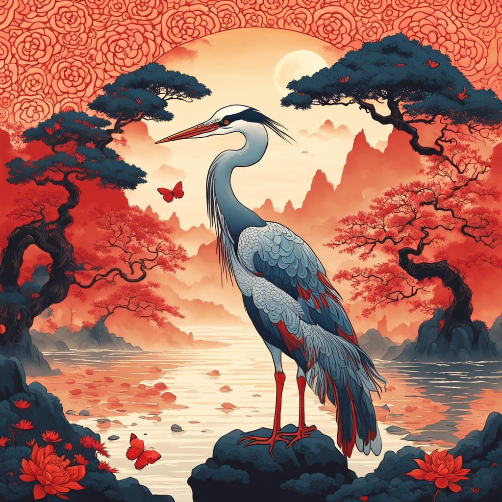 East Asian Fantasy Artwork: Majestic Heron in Traditional Ch...