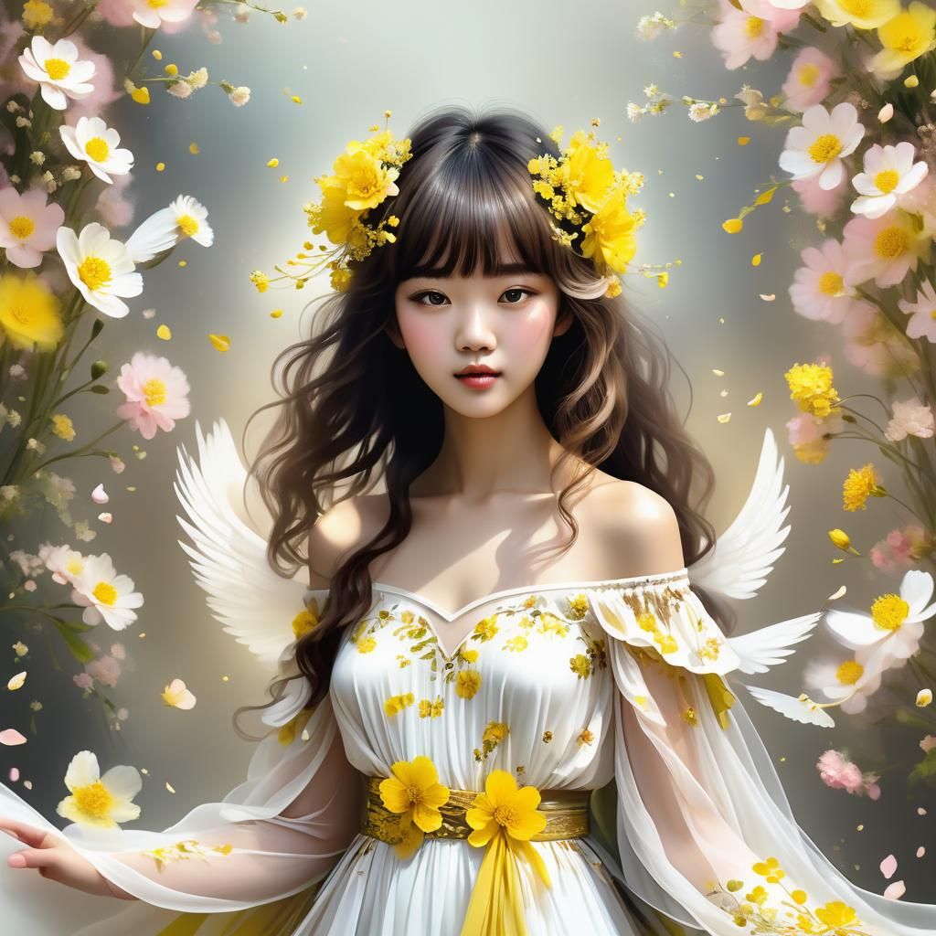Anime Woman with Flowers in Ethereal Digital Art