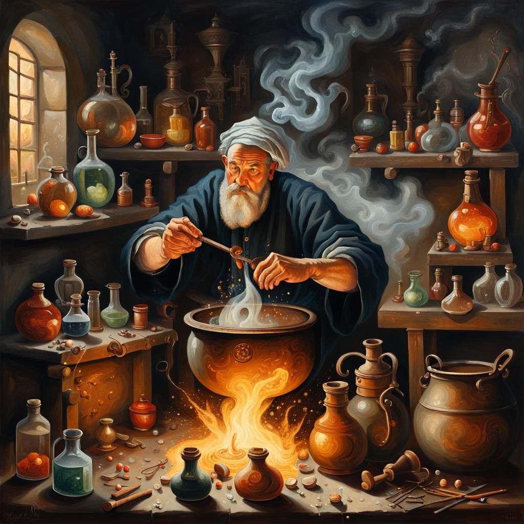 Alchemist's Dark Dwelling: An Oil Painting