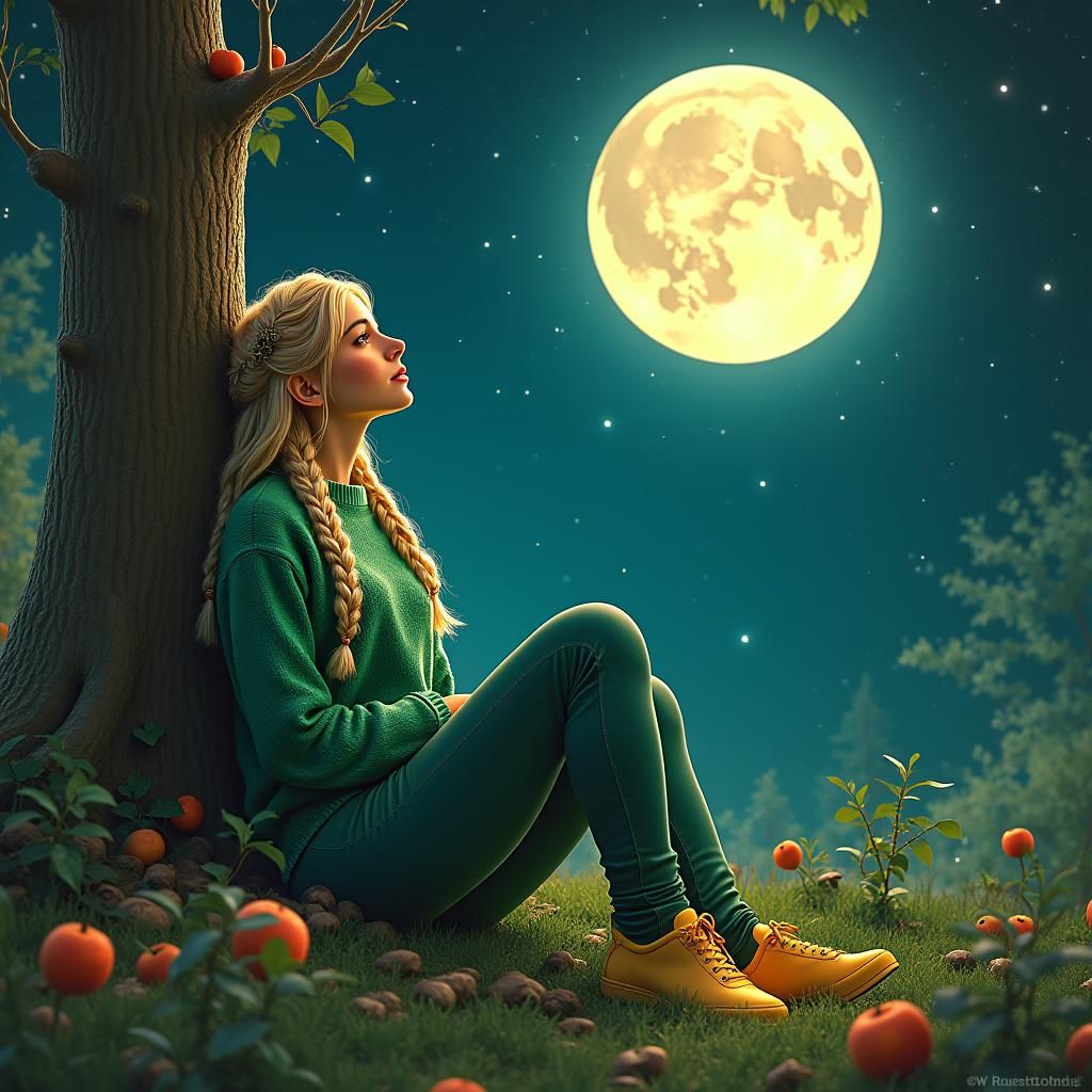 Forest Girl Gazing at Moon, Detailed Fantasy Art