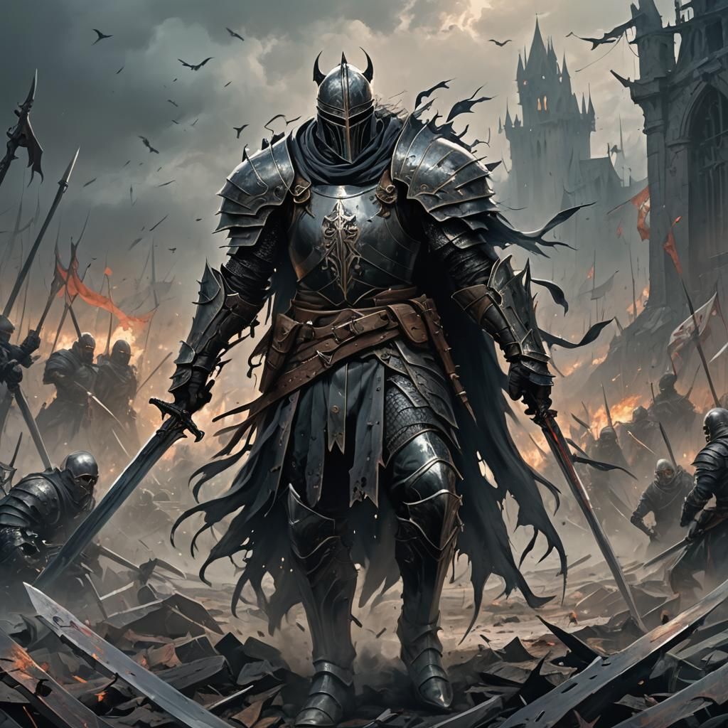 Cursed Knight in Misty Battlefield, Dark Fantasy Art