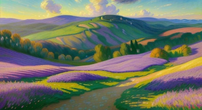 Impressionist Masterpiece: Vibrant Landscape with Rolling Hi...