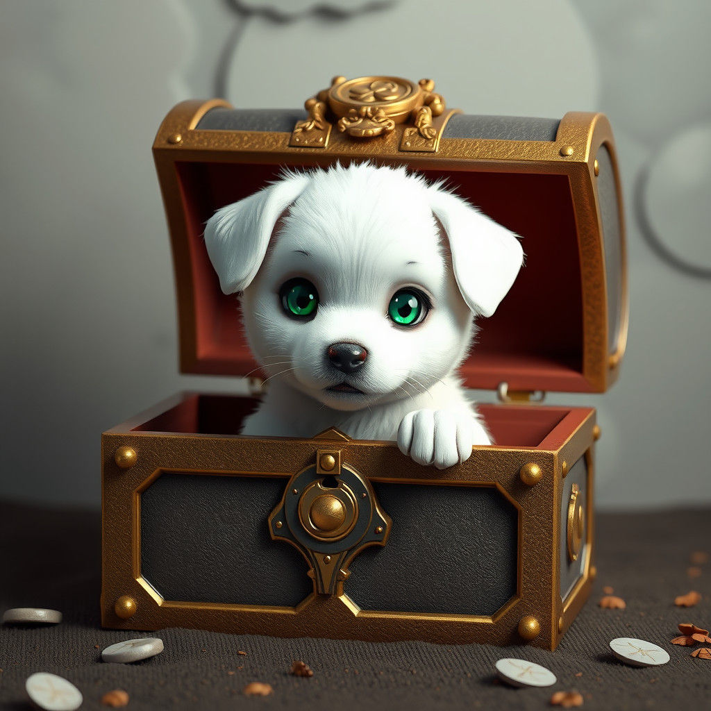 Anime Puppy Guarding Treasure Box in 3D Style