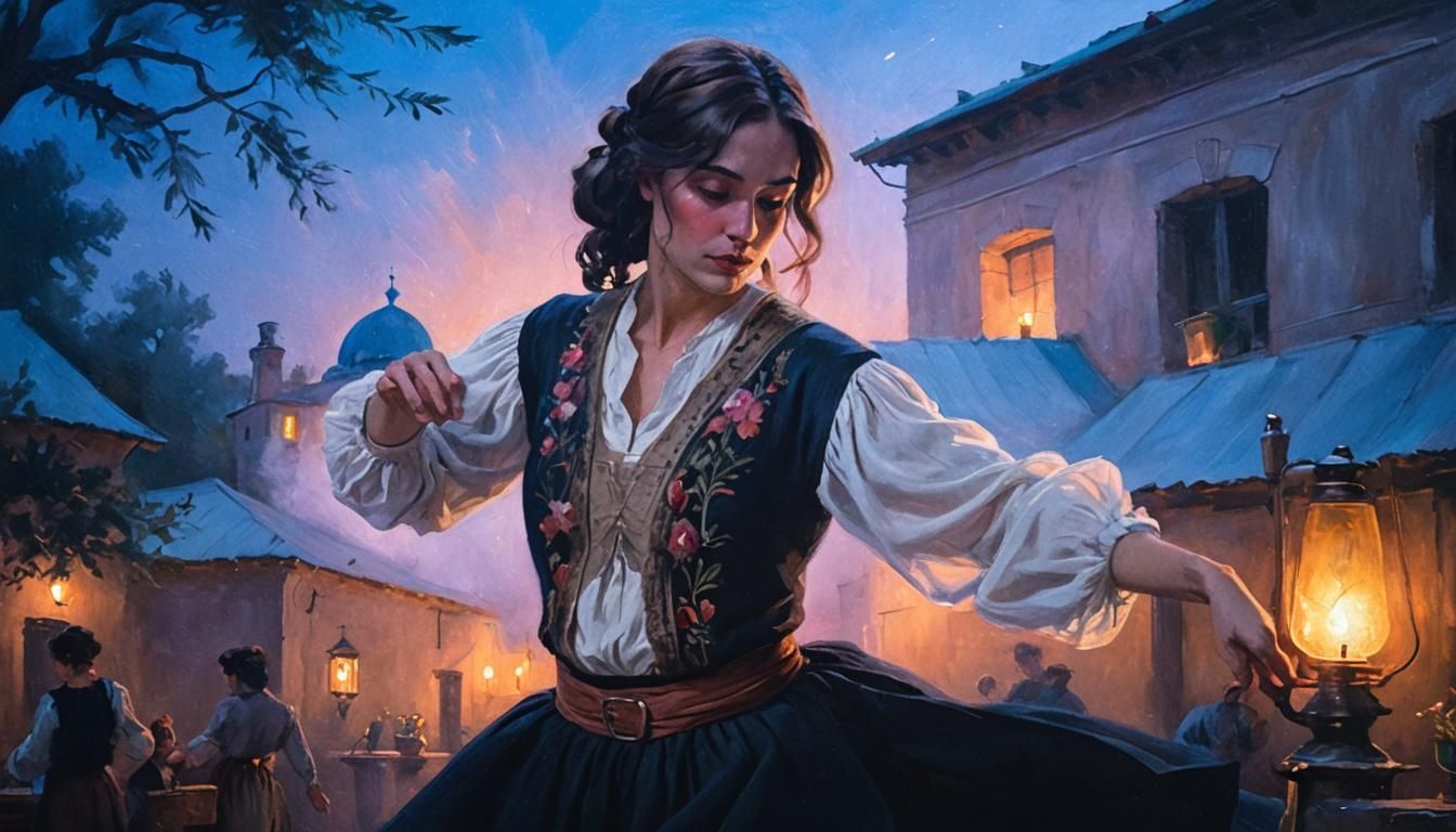 Romantic Oil Painting of Woman Dancing in Smoky Room