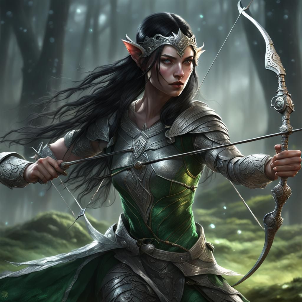 Elven Warrior Woman with Bow, Hyperdetailed Fantasy Art