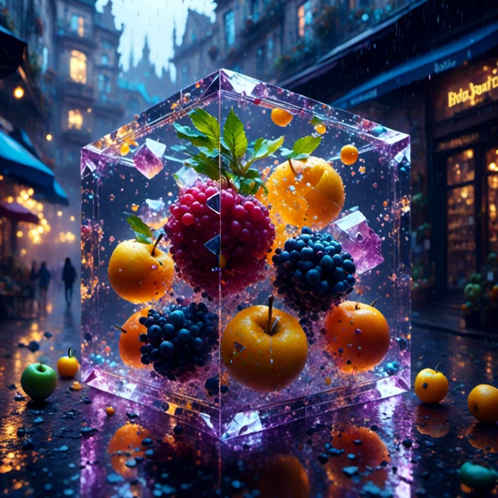 Hyperrealistic Fruit in Transparent Cubes