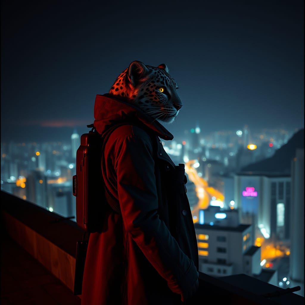 Snow Leopard Vampire Soldier Over Rio in Cyberpunk Style