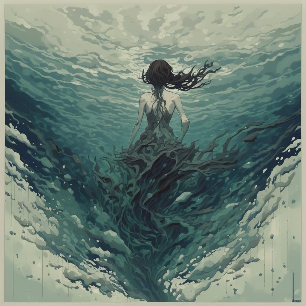 Mysterious Drowning Woman in Dark Fantasy Ocean