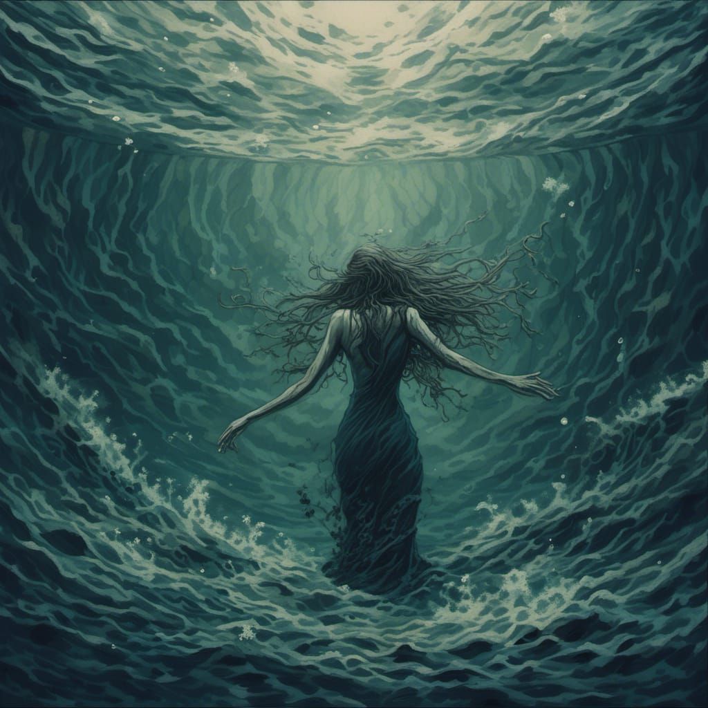 Drowning Woman in Dark Fantasy Ocean Depths