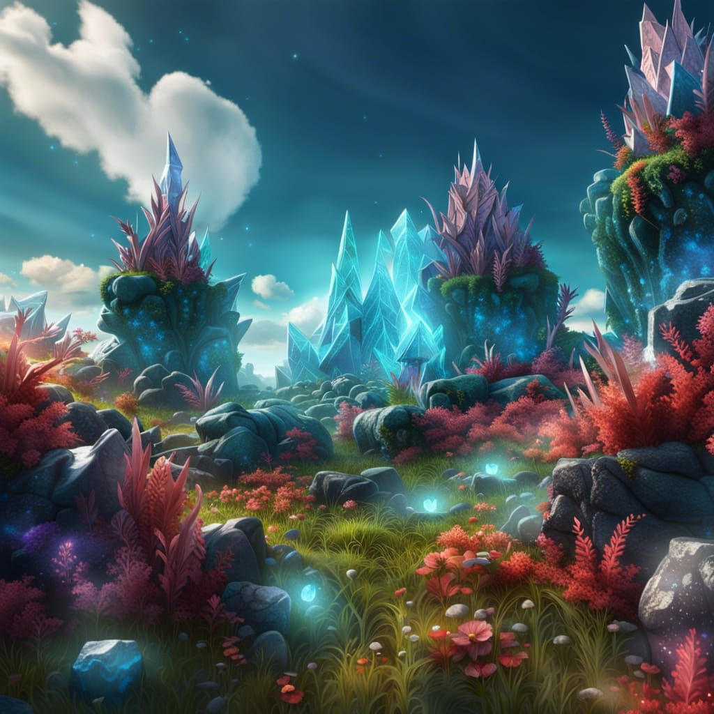 Glittering Crystal Garden with Complex Sky