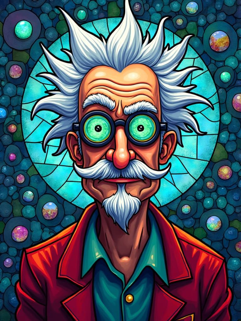 Stained Glass Portrait of Rick Sanchez in Kaleidoscopic Sett...