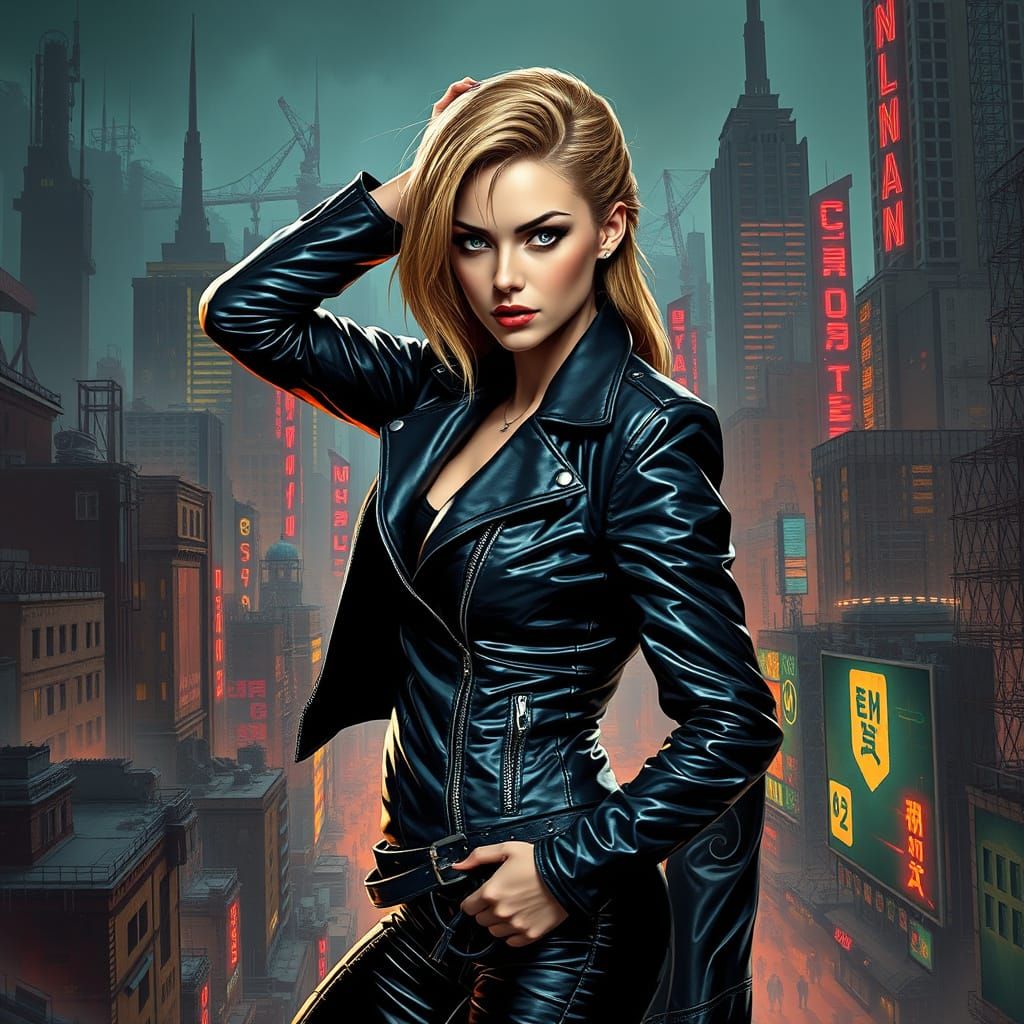 Cyberpunk Woman in Gritty Industrial Cityscape