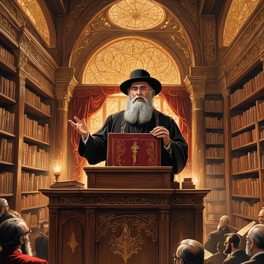 Ultra-Orthodox Rabbi Lecturing in Ornate Hall: Surreal Art