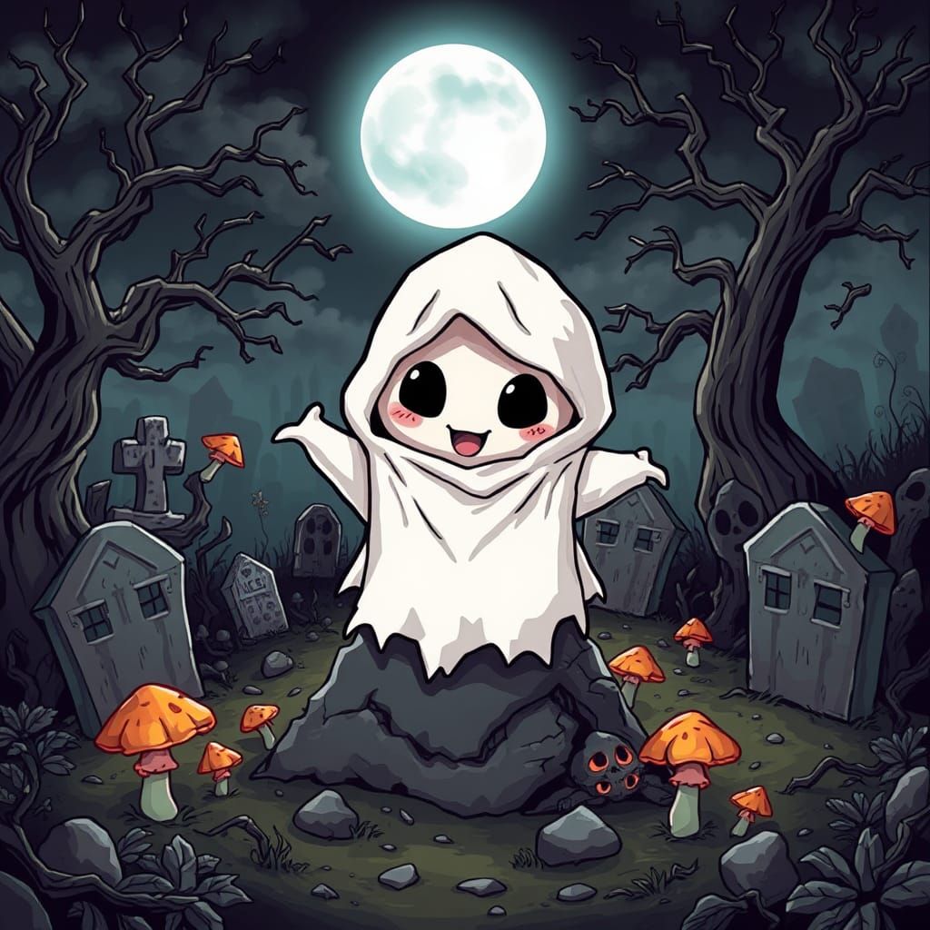 Chibi Ghost Rising in Spooky Graveyard