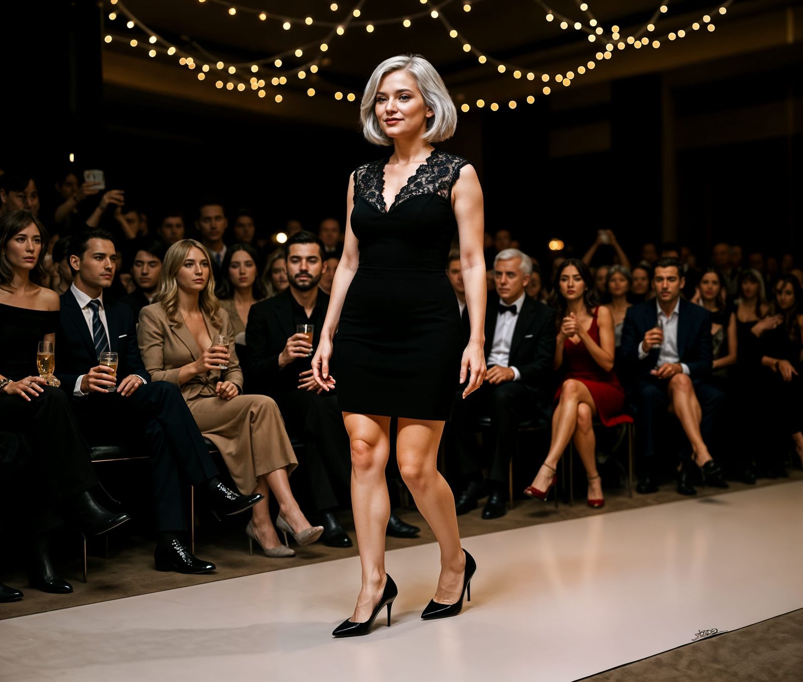 Glamorous Fashion Show With Mature Model in Black Lace Dress