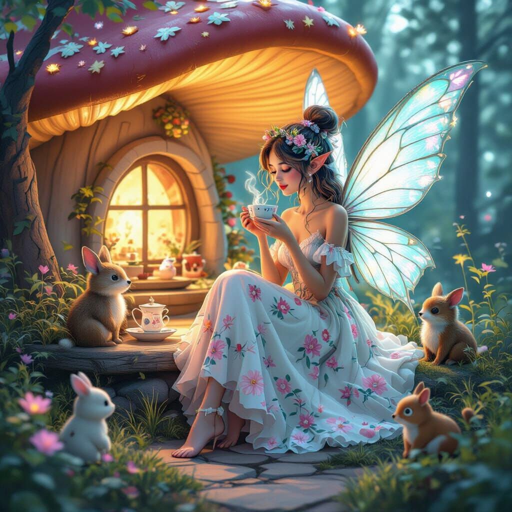 Elegant Fairy Sips Tea in Bioluminescent Mushroom House